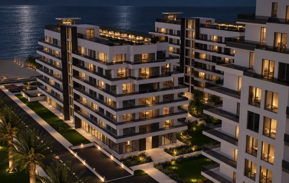 The Icon Mamaia Nord iluminat nocturn pe prima linie la mare, randare noapte perspectiva 34