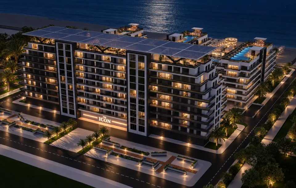 The Icon Mamaia Nord iluminat nocturn pe prima linie la mare, randare noapte perspectiva 35