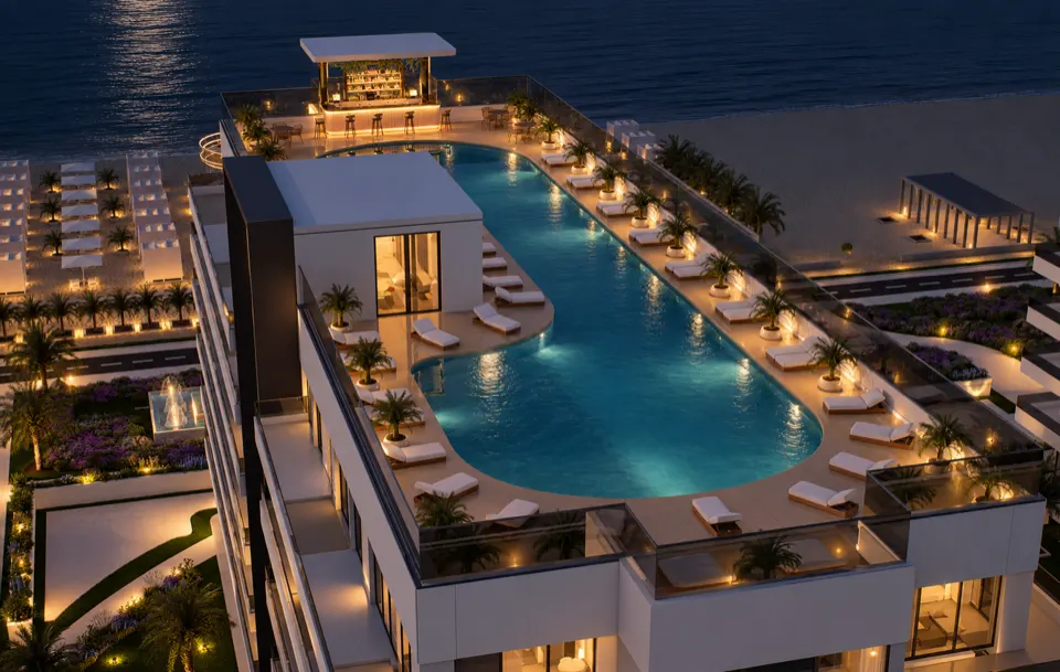 The Icon Mamaia Nord iluminat nocturn pe prima linie la mare, randare noapte perspectiva 37