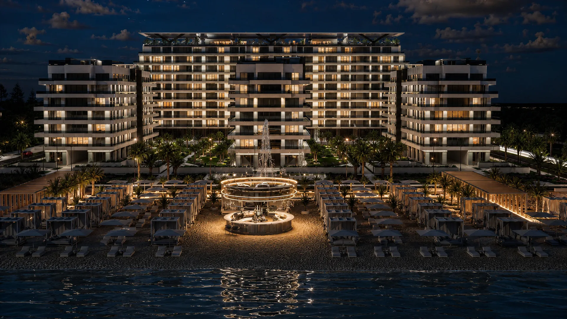 The Icon Mamaia Nord, ansamblul iluminat noaptea, cu barul de plaja