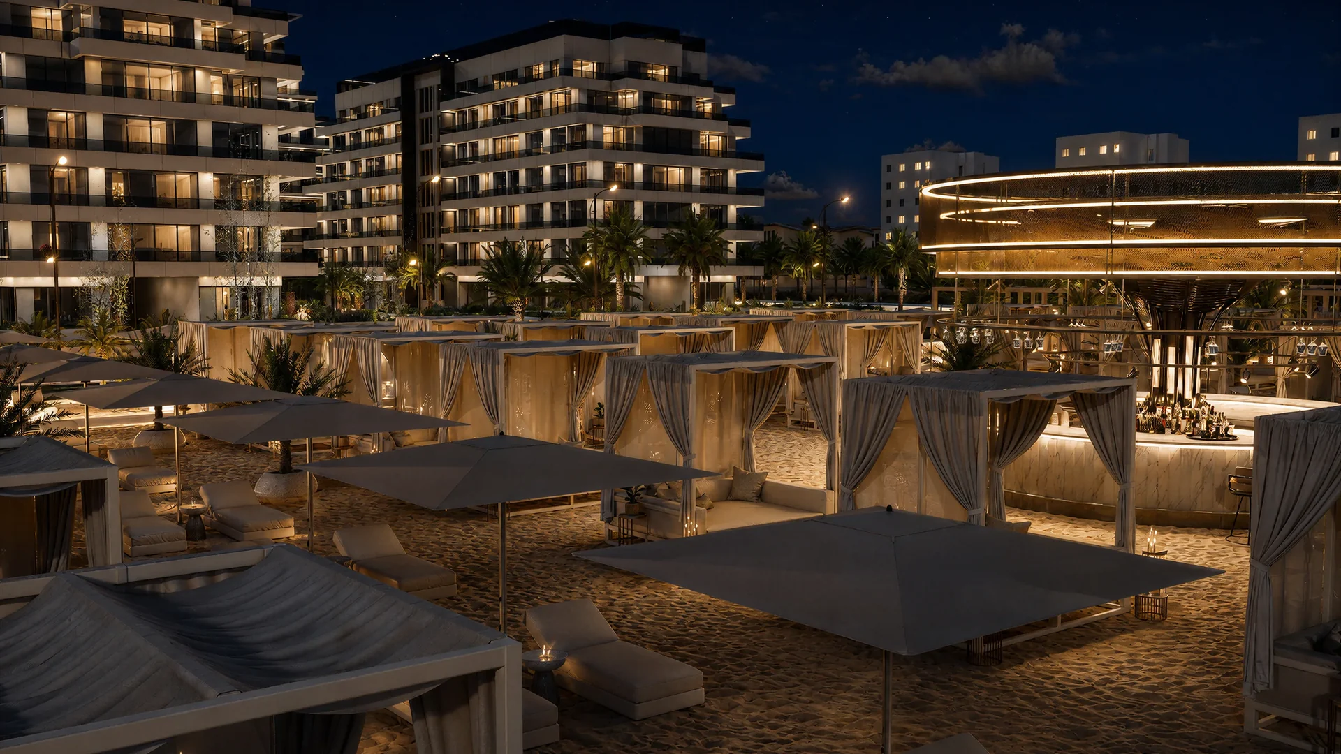 The Icon Mamaia Nord, plaja ICON BEACH iluminata noaptea